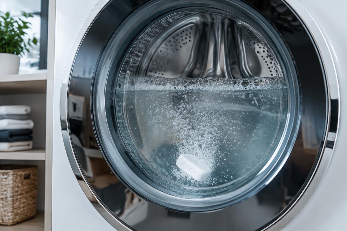 Cleaning tablet dissolving inside a washing machine drum