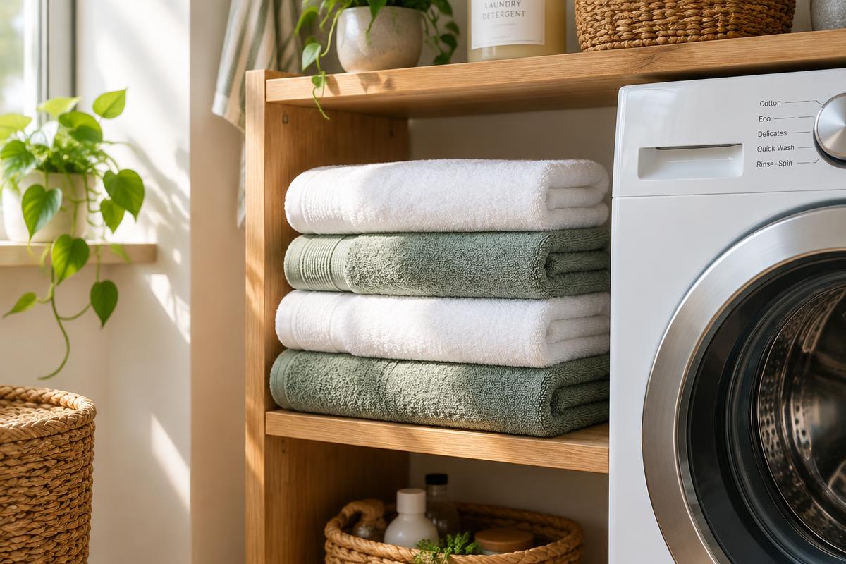 Fresh folded towels next to a clean washing machine
